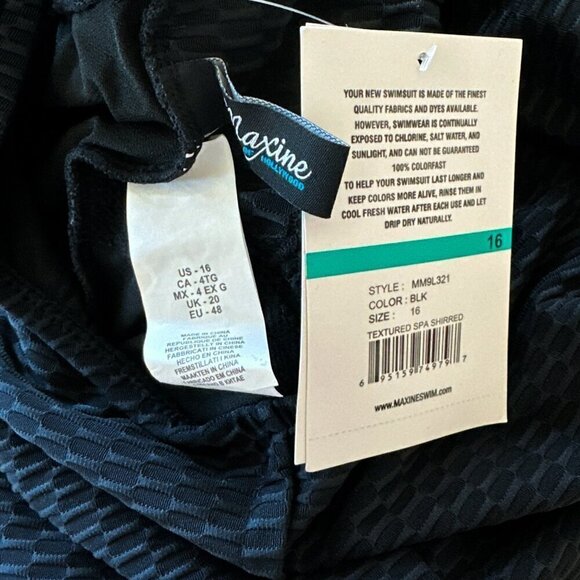 Maxine of Hollywood Black Textured Spa Shirred Front One Piece Swimsuit NWT 16 - Picture 5 of 5